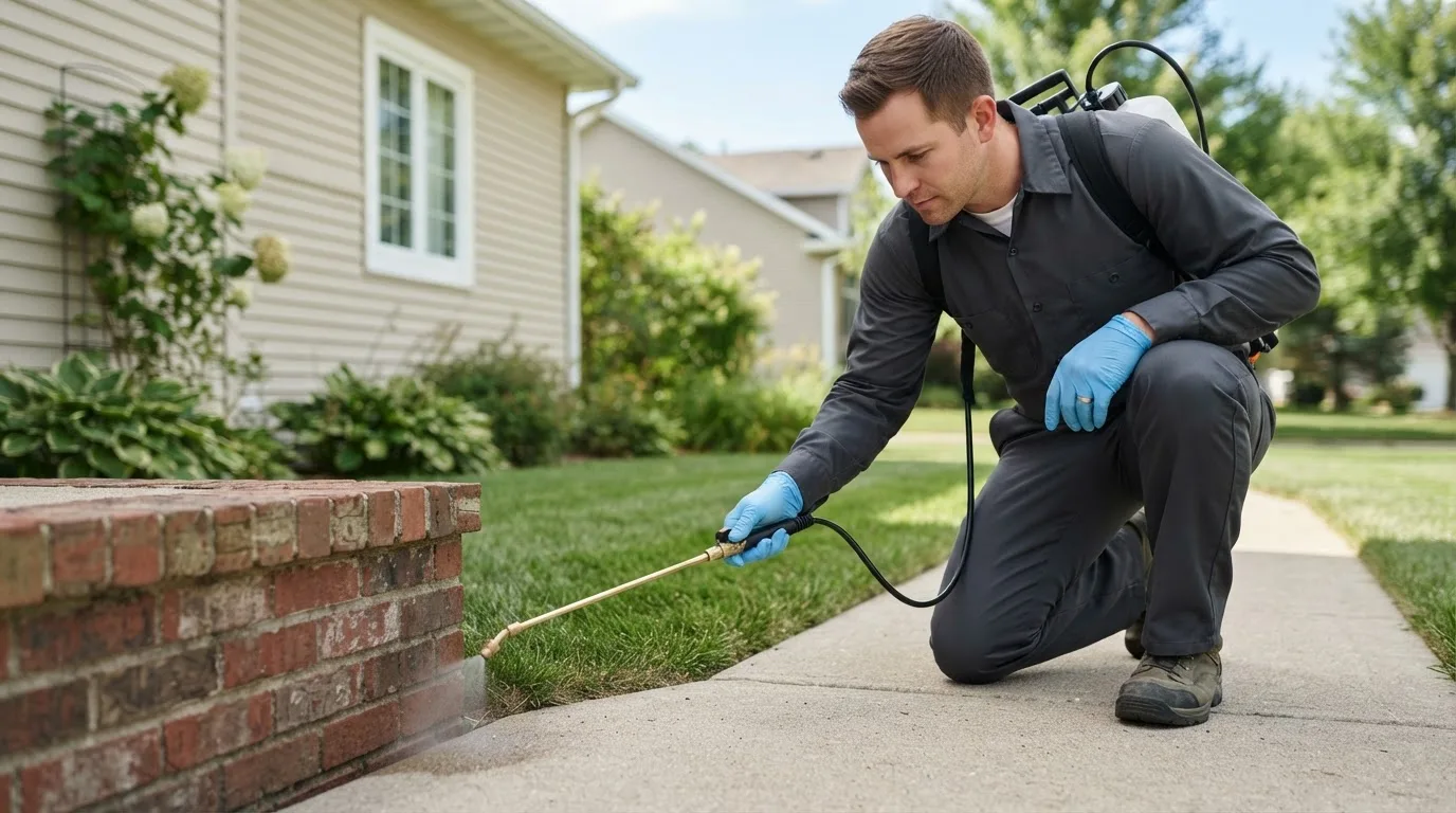Pest control technician treating a home near Pioneer, OH