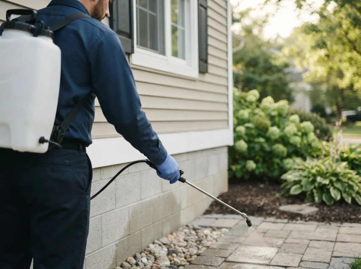 Pest control technician inspecting a home in Pioneer, OH